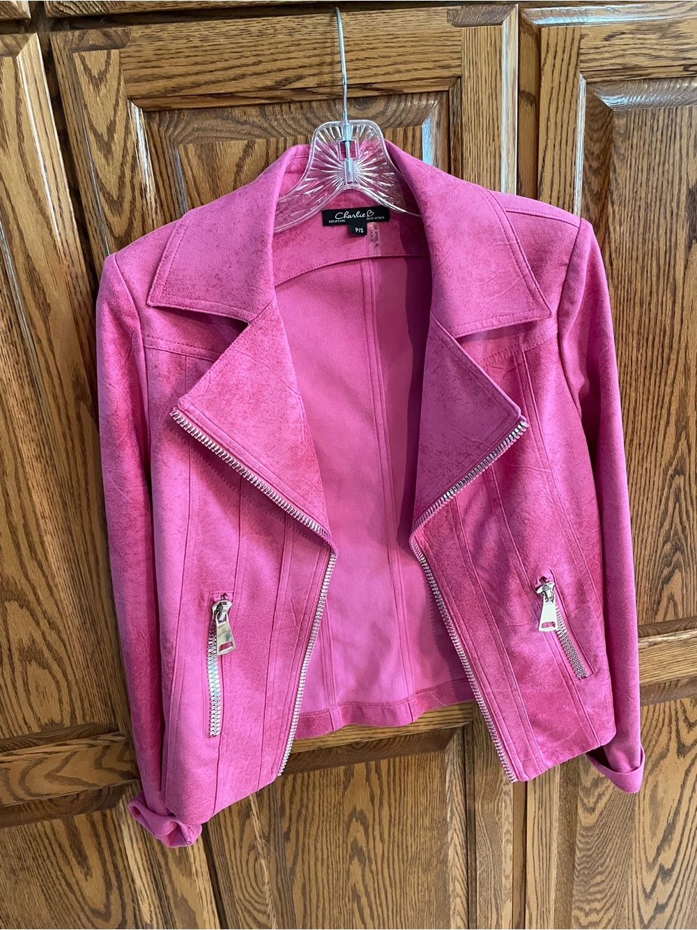 CHARLIE B Pink Faux Suede Moto-Style Jacket